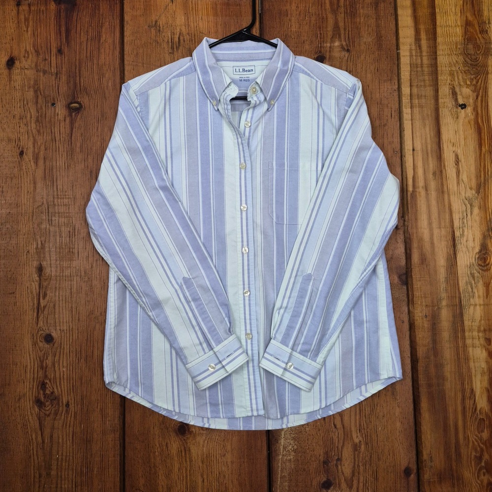 LL Bean Men's Medium Regular Blue White Striped Oxford Button Down Shirt